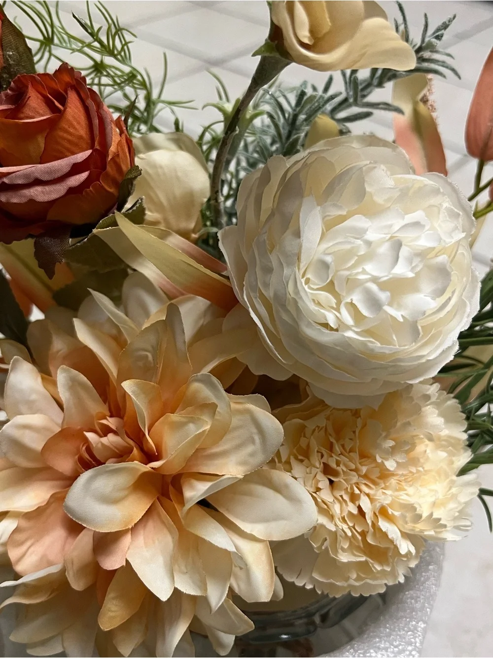 Artificial Cream and Peach Floral Arrangement in Glass Vase